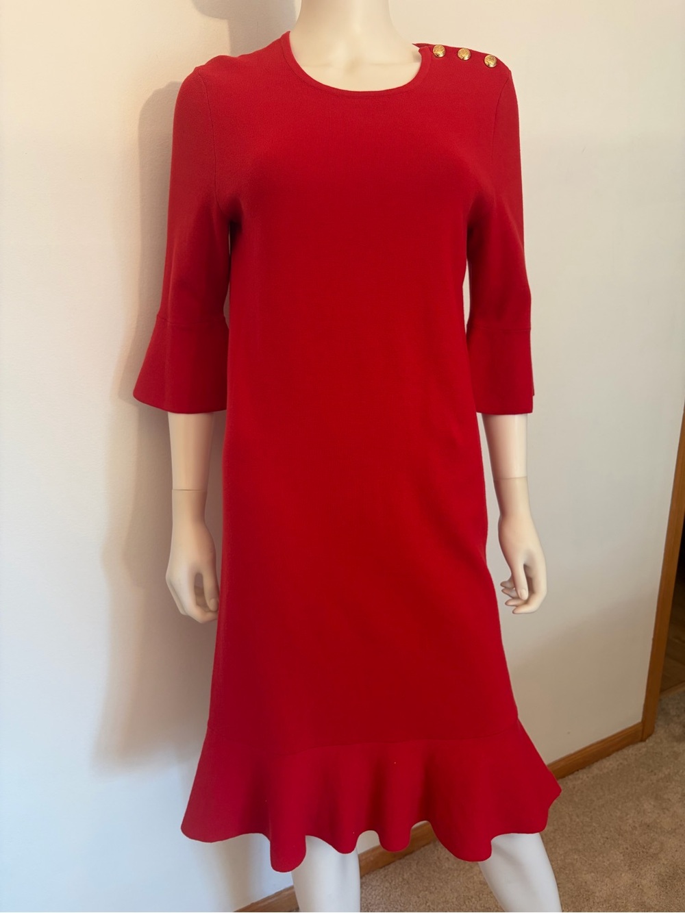 #940 Ralph Lauren NWT Red Midi Dress with Gold Shoulder Buttons